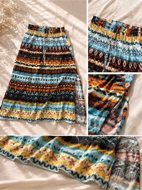Boho Maxi Skirt with Elastic Waist - Multi Blue & Yellow